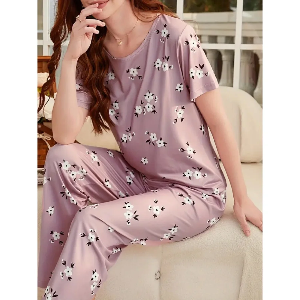 Pajama Set Soft Comfortable Short Sleeve Top & Pants Cute Floral XL - Picture 4 of 9